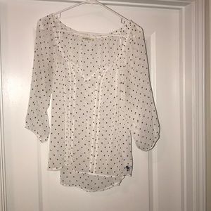 A&F sheer White & Navy polka dot blouse